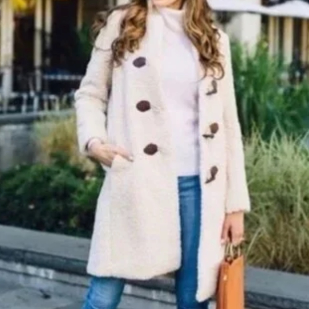 J.Crew Sherpa Teddy Faux Fur Shearling Toggle Button Cream Coat Women Size S